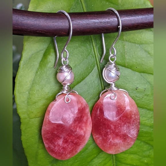 Hand Crafted Jewelry - Strawberry Rhodochrosite Earrings Handmade In Pure Sterling Silver With Pearls